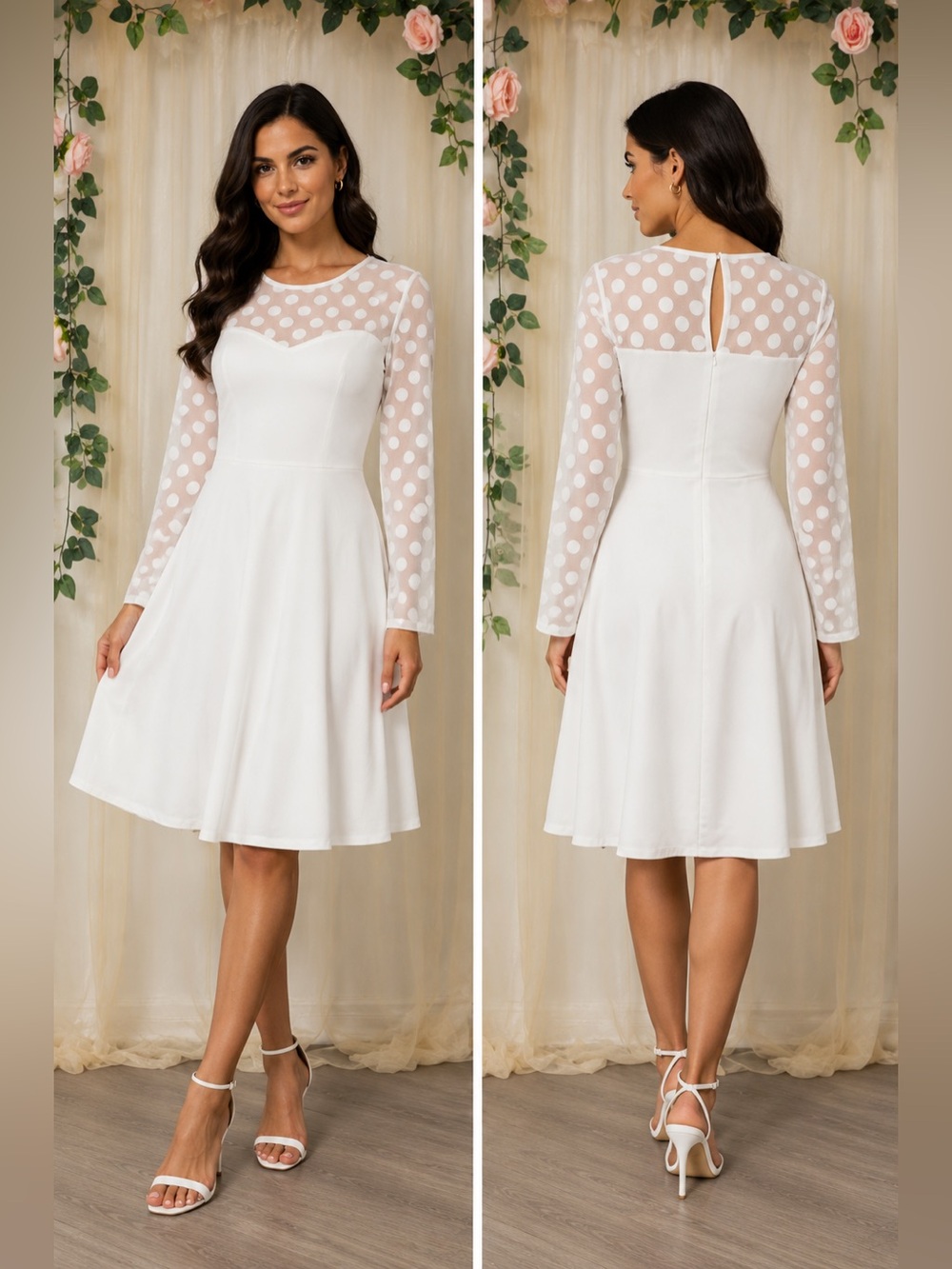 Love & Design White Polka Dot Mesh Long Sleeve Fit & Flare Dress XXL